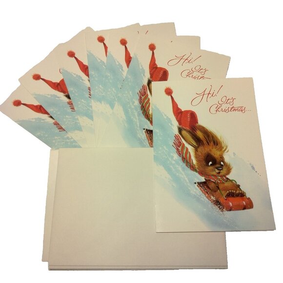 Gibson Greeting Cards Hi It's Christmas Sledding Dog Kitschy Vintage 7 Count - Picture 1 of 6